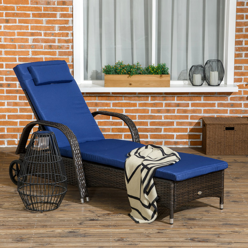 Chaise longue ajustable à 5 niveaux en PE avec roulettes, coussin et chaise longue confortable brun et bleu foncé, 5 options de confort
