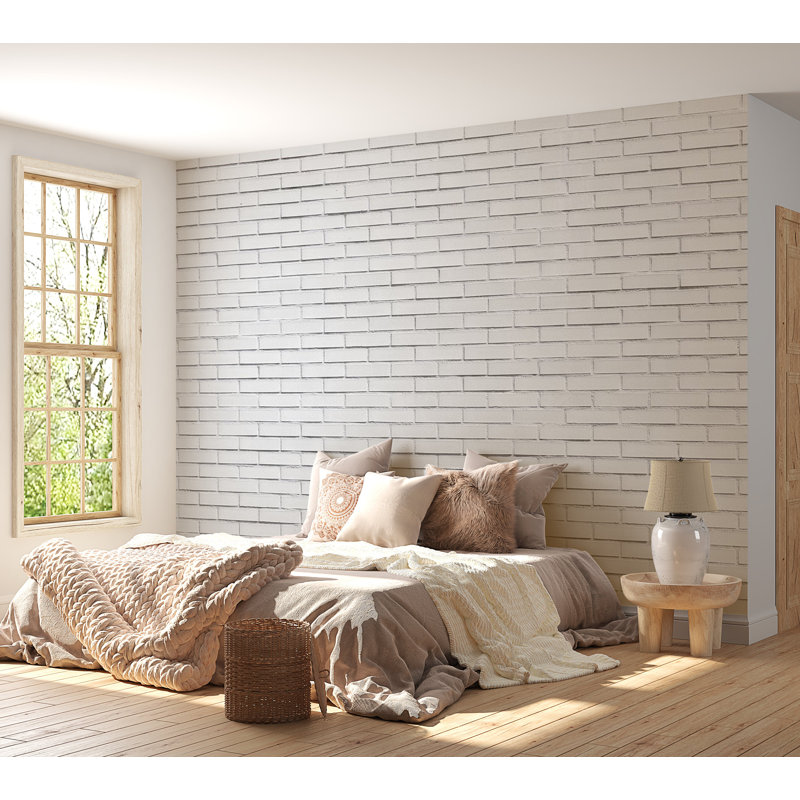 Murale pelez et collez - Mur de briques blanc neige, L 100 po x l 135 po