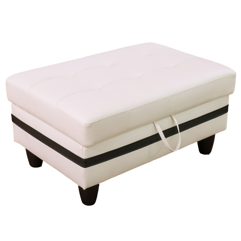 Faux Leather Storage Ottoman, White/Black Semi  Faux Leather