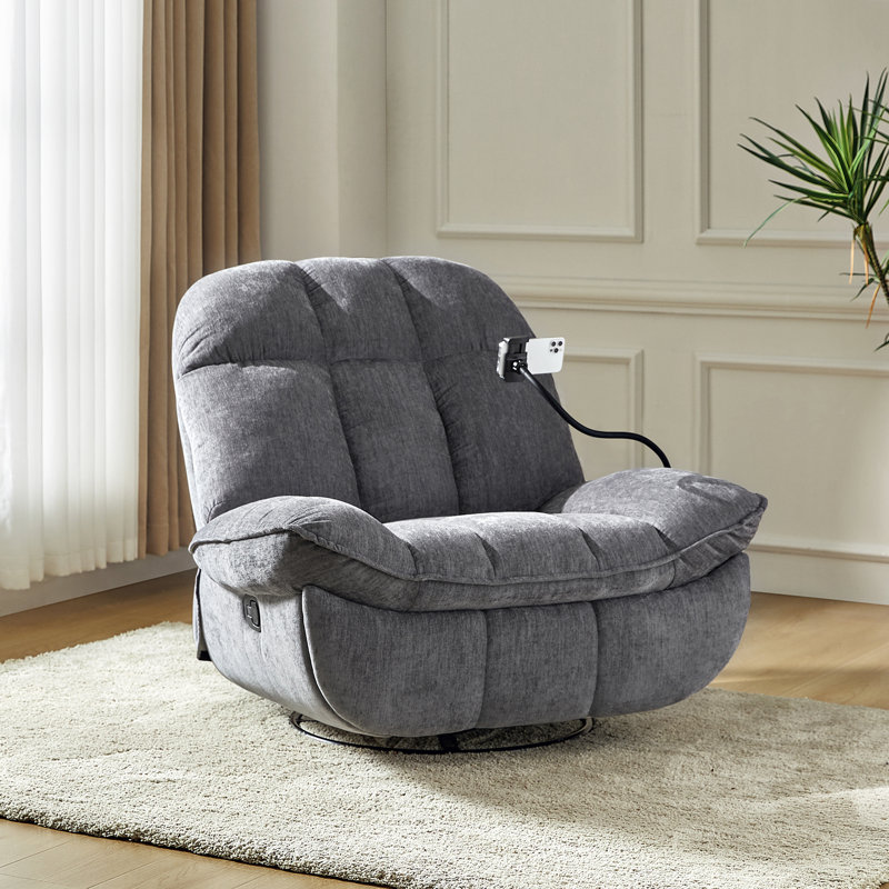 Jace Modern Upholstered Manual Swivel Rocker Recliner with Phone Holder, Gray Polyester