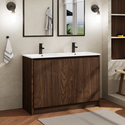 Ensemble de meuble-lavabo en bois avec lavabo double, robinet et bonde Sharee