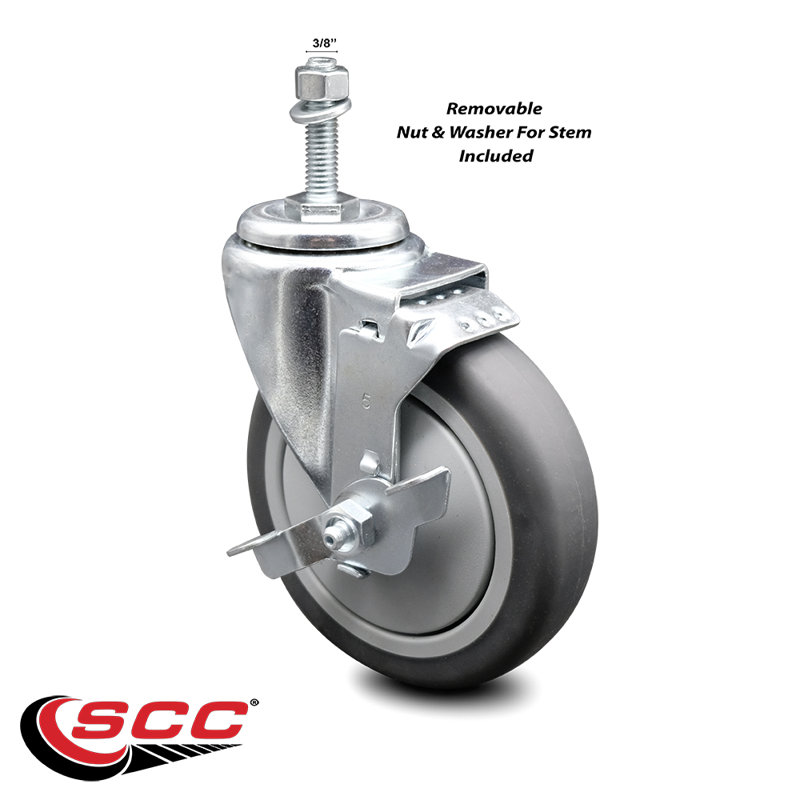 Rubber Wheel Swivel 3/4 Inch Threaded Stem Caster Set with Brake