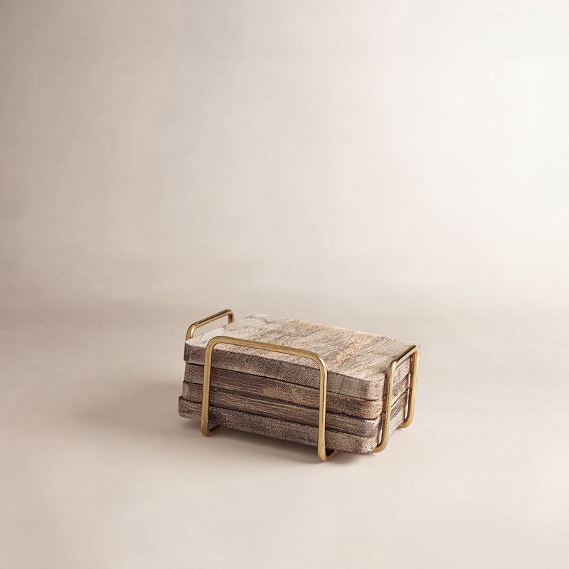 Ensemble de sous-verres en bois Wallis Godinger avec support, Brûlé / or