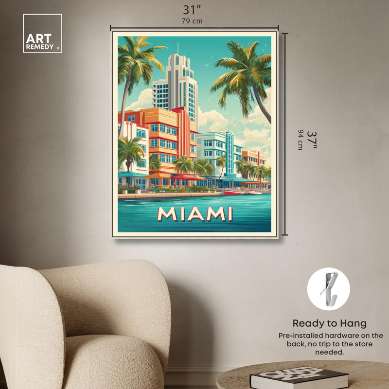 «Miami Deco I», reproduction d'art sur toile par Art Remedy, H 37 po x l 31 po, Cadre argenté