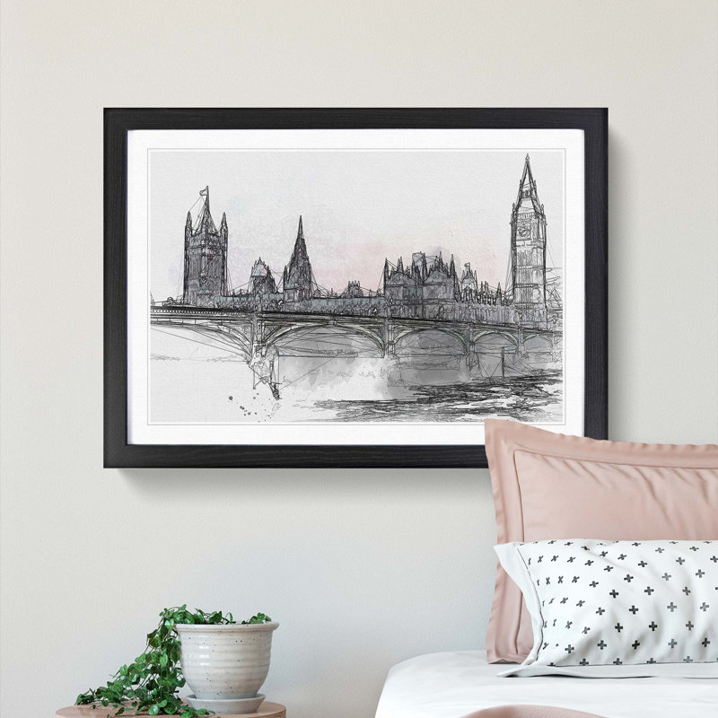 Houses of Parliament & Big Ben in Abstract - Picture Frame Graphic Art Print, 62cm H x 87cm W x 2cm D, Black Framed