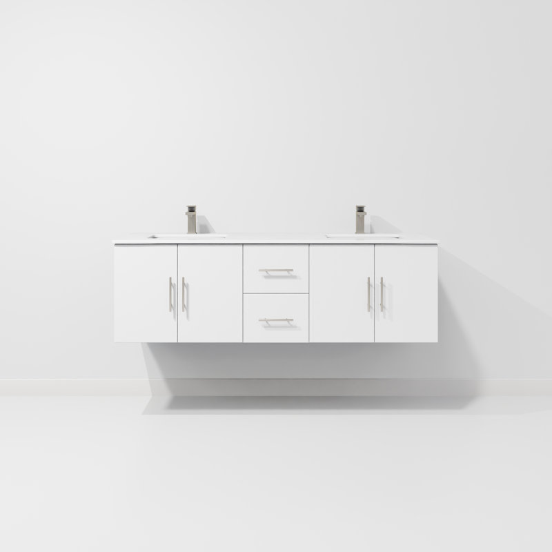Ensemble de meuble-lavabo double mural 60 "Geneva, Blanc lustré, Marbre de culture blanc