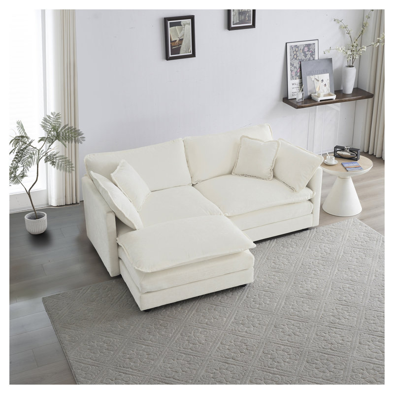 Canapé modulaire en L en chenille 2 places avec repose-pieds et causeuse modulaire blanc pour petits espaces de vie