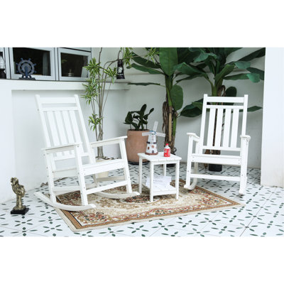 All Weather Rocking Chair With Side Table In White. Ergonomic Comfort. Widened And Contoured Seat. 32.5"D X 25.9"W 41.7"H. Holds Up To 380 Pounds. 30 Mins Partial Installation. Made Of 304 Stainless