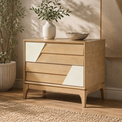Table de chevet moderne à 2 tiroirs avec motif géométrique bicolore, table de chevet de style japonais avec patchwork en angle, table de bout blanc naturel et crème pour la chambre à coucher, le salon, les pieds fuselés massifs