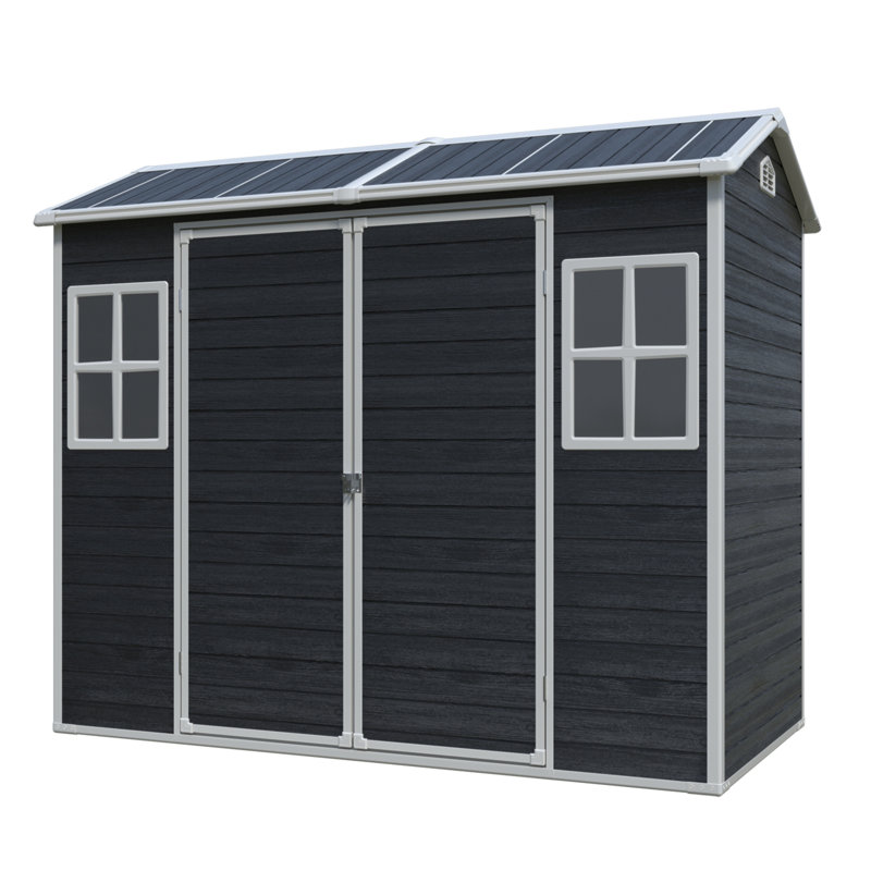Remise de rangement extérieure 8 pi x 4 pi avec deux fenêtres et deux portes, remise en plastique avec plancher pour gargen, patio, cour, pelouse