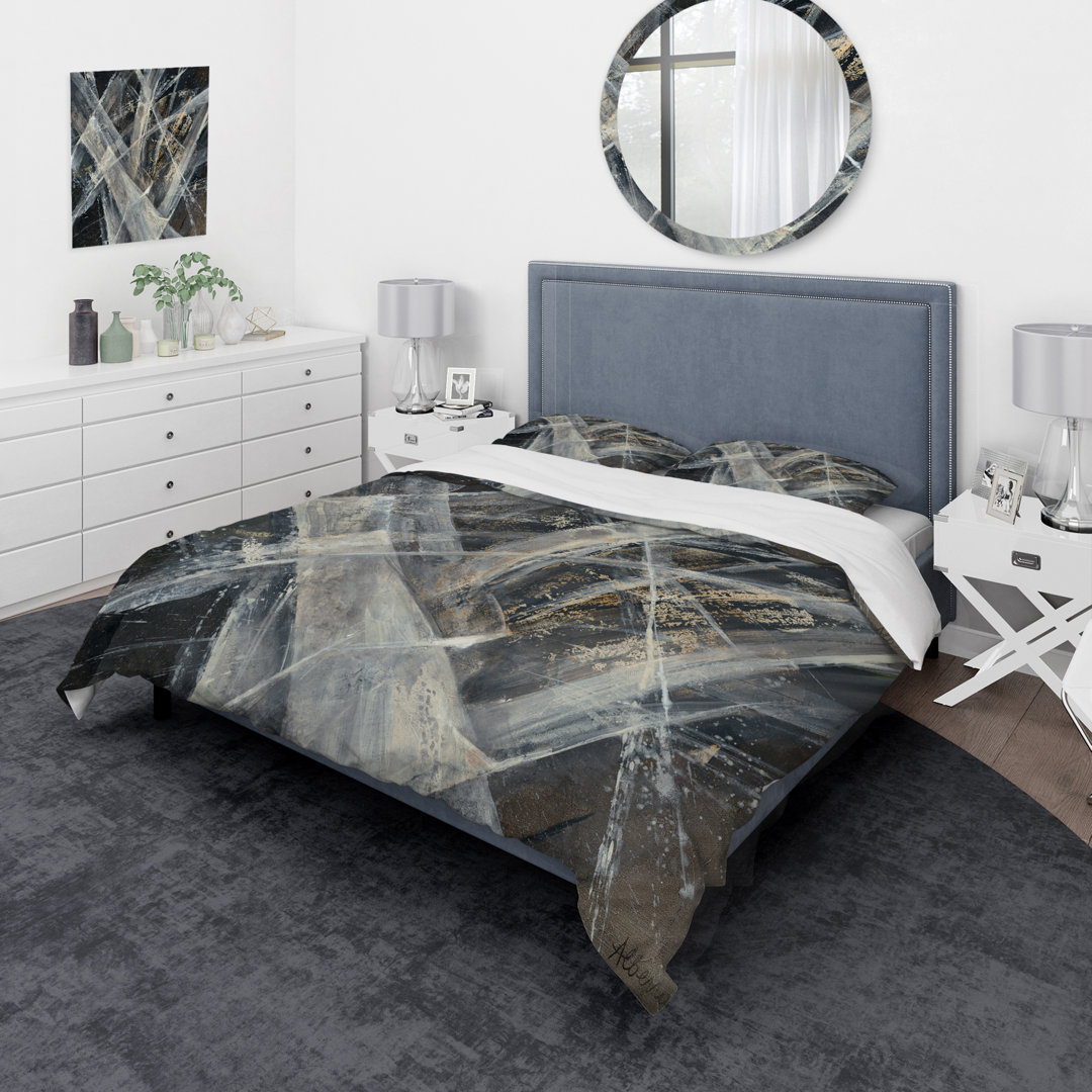 Abstract Glacial Black and White - Mid-Century Modern Duvet Cover Set - Microfiber Polyester Design Art