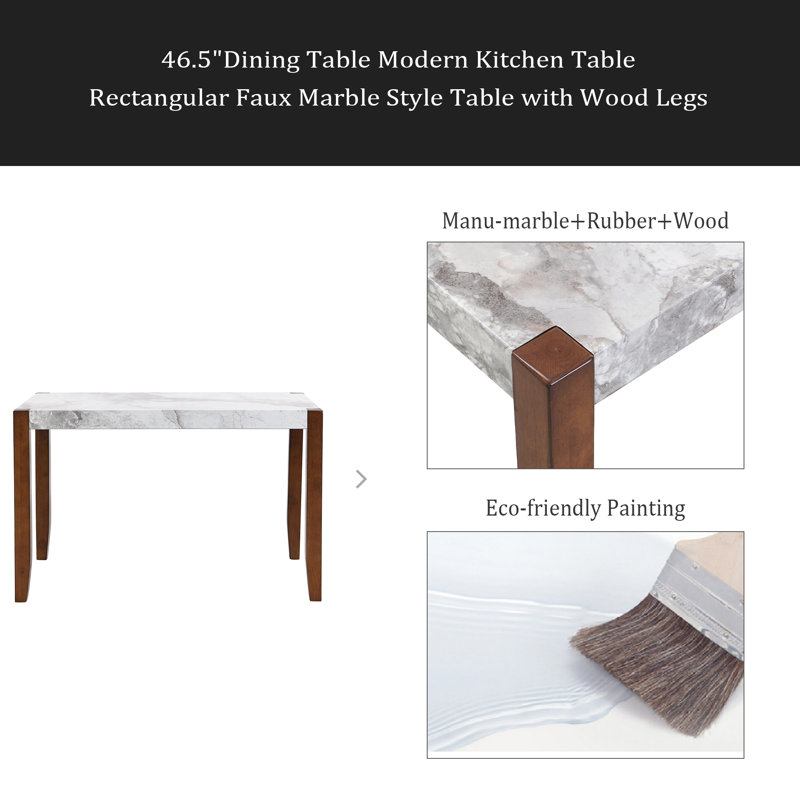 Table de salle à manger 46,5 po, table de cuisine moderne, table rectangulaire de style faux marbre avec pieds en bois, assemblage facile