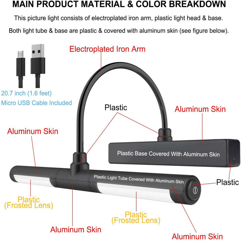 Battery Powered LED Wall Mount Picture Light, 3.5cm H x 33.3cm W x 15cm D, Matte Black