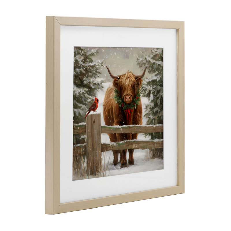 Vache de Noël et cardinal, reproduction sous verre, conception de Tina LeCour, H 13 po x l 13 po, Cadre de récolte en pin