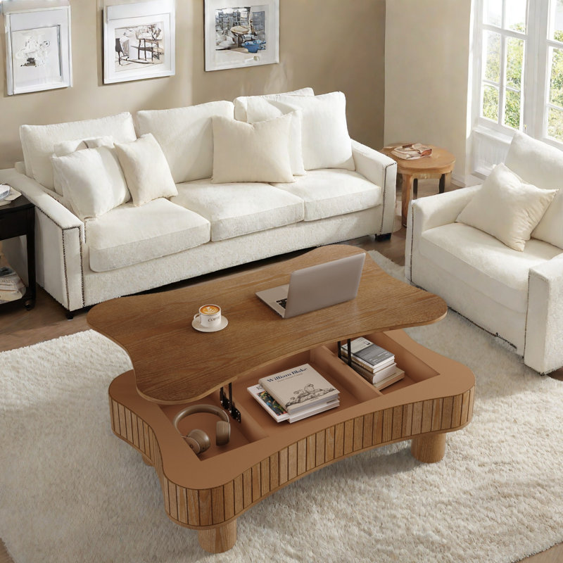 Table basse à plateau relevable avec panneau cannelé Endin, Noyer