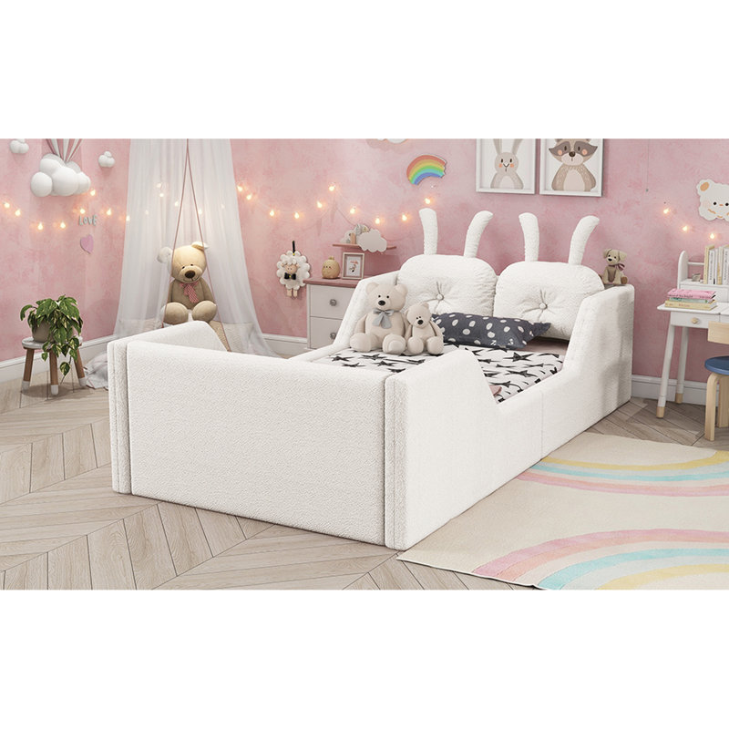 Lit simple tapissier blanc pour lit simple avec 2 coussins en lapin, matelas d'une hauteur de 21 pouces et 8 pouces, traverses latérales amovibles, revêtement doux, pas de sommier tapissier requis, facile à assembler