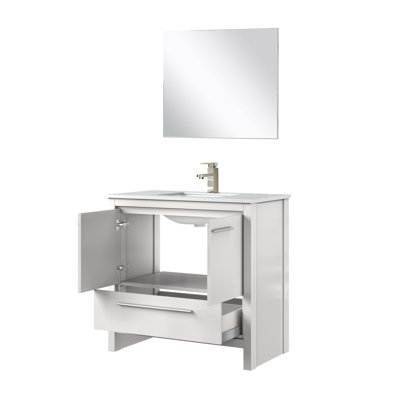 Ensemble de meuble-lavabo bleu marine l 36 po x P 20 po, plateau en marbre de culture, robinet en nickel brossé et miroir de 28 po