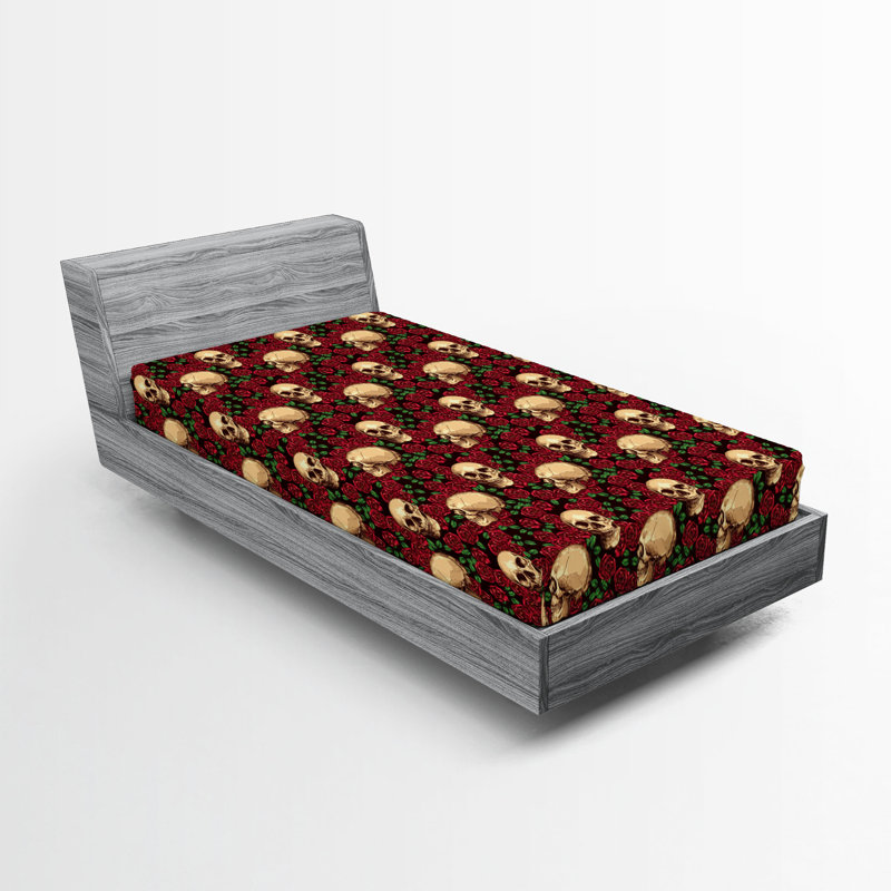 Drap-housse Ambesonne Skulls and Roses fleurs romantiques écru rose foncé et marron, Twin Extra Long Fitted Sheet