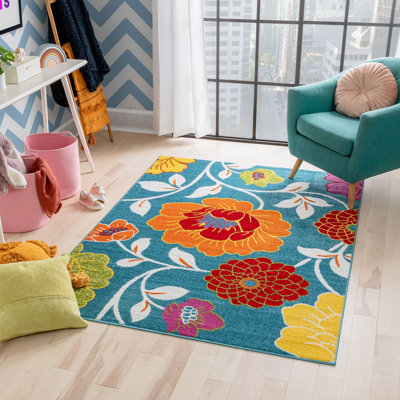 Skadi Blue Kids Floral Playroom Rug