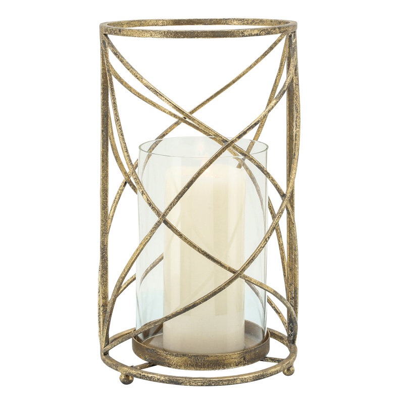 Metal and Glass Pillar Candle Holder with Openwork Geometric Frame - Decorative Accent for Modern and Glam Spaces, Gold
