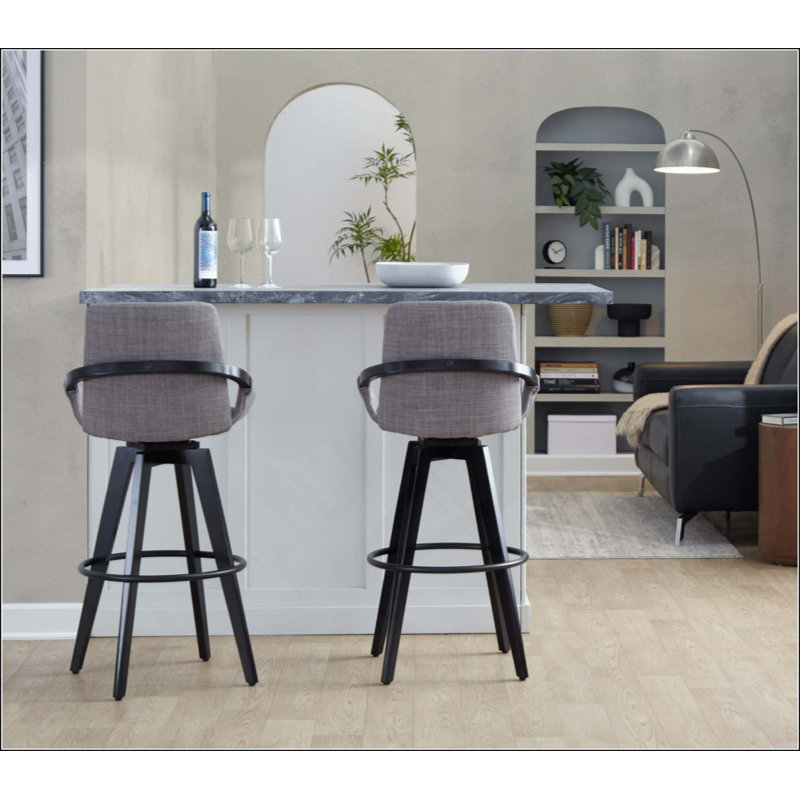 Tabouret de bar à hauteur fixe avec pivot en bois avec repose-pieds rond en métal - ensemble de 2, Siège gris / cadre noir