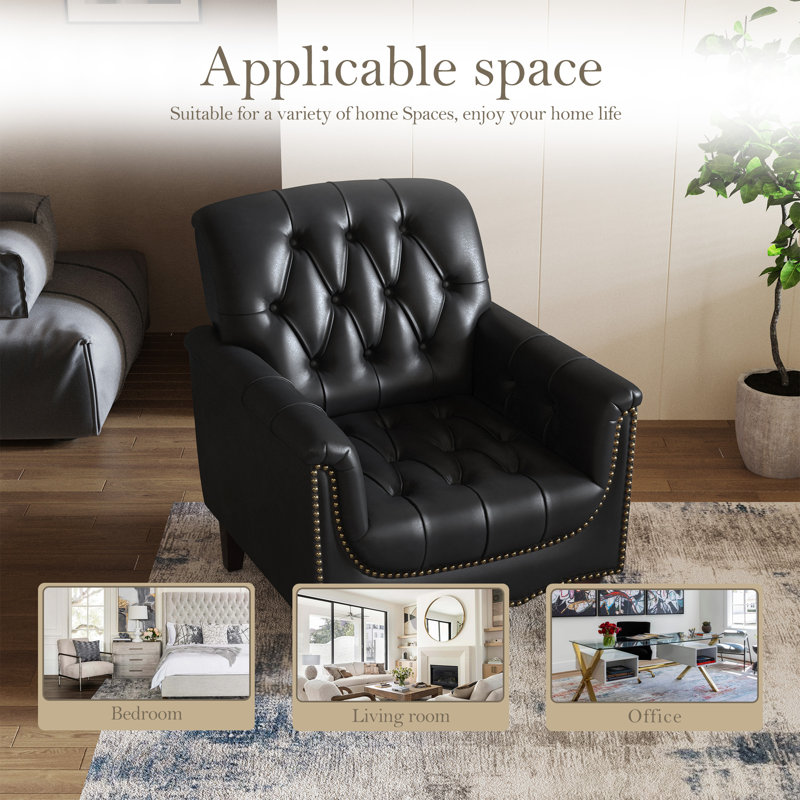 Edvardas 80Cm Wide Tufted Armchair, Black Faux Leather