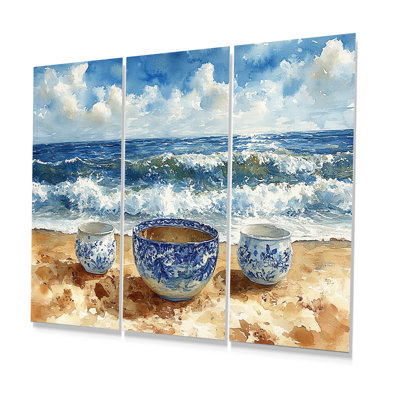 Poterie de plage dans des tons bleus et blancs - Ensemble de décorations murales de plage