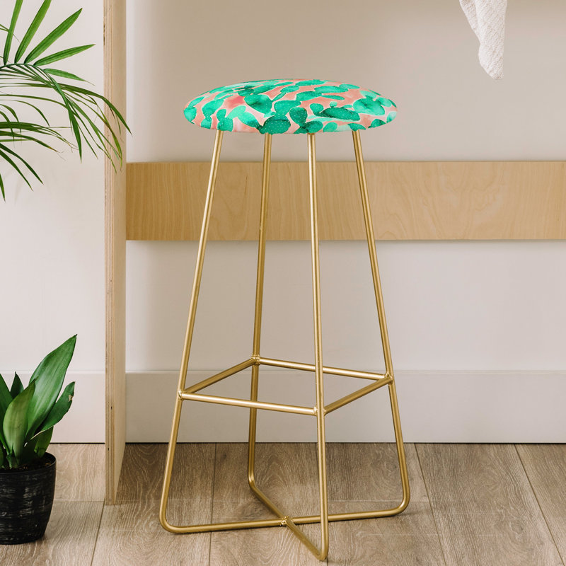 Upholstered Counter Stool with Metal Frame, Green/Pink