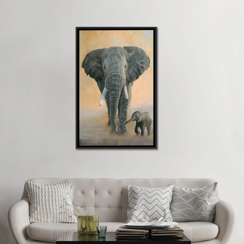 «Elephant and Baby» par David Stribble - impression sur toile tendue, H 26 po x l 18 po x P 1,5 po, Toile encadrée noire