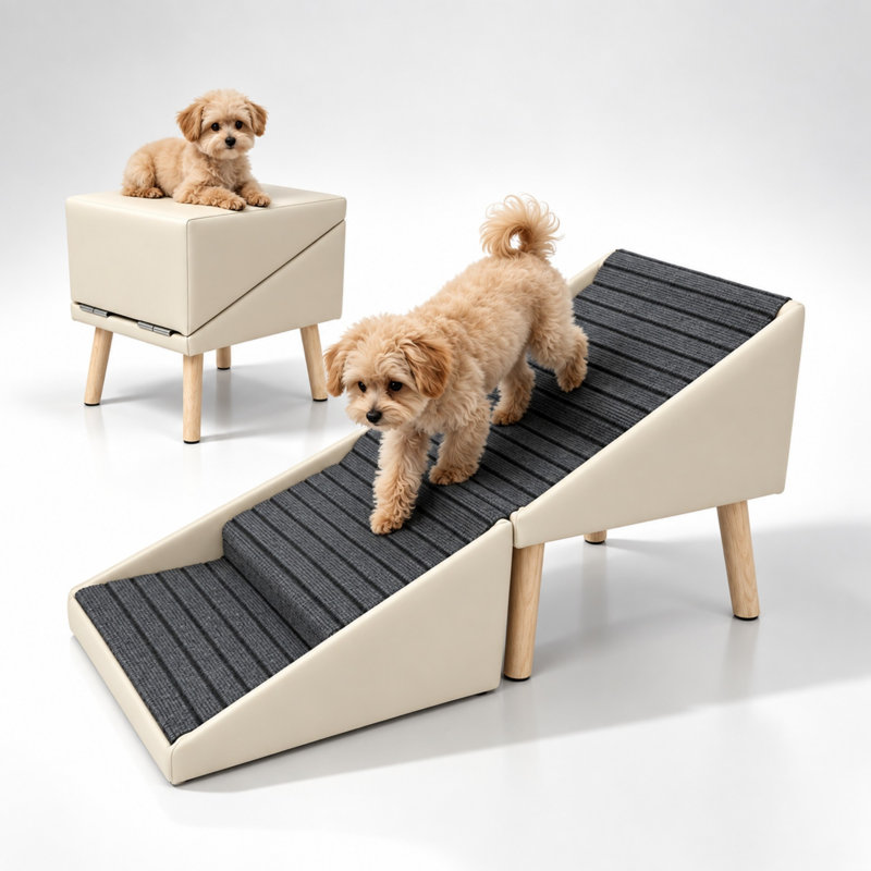 Escalier pliable 2 en 1 pour chien, pouf pour lit et canapé, 4, Beige