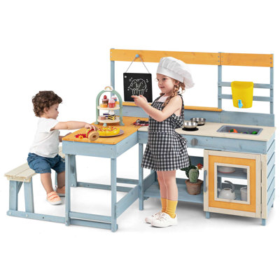Mud Kitchen With Kids Picnic Table Built-in Bench Blackboard Water Box Sink