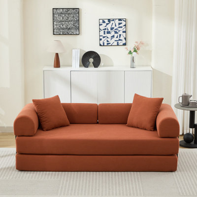 Canapé-lit pliable 78,5 po en velours côtelé orange avec 2 coussins, emballé sous vide, aucun assemblage requis