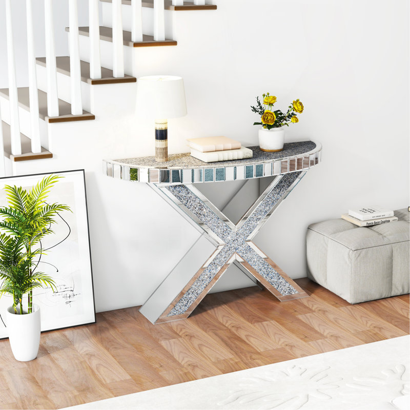 Superbe console haute avec finition en miroir et incrustation de diamant, polyvalente pour divers espaces.