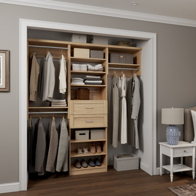 Natural Oak  58.5" Floor-Mounted Single Wall Closet System with 3 Sections, 3 Clothing Rods, 8 Shelves & 2 Shaker Drawers