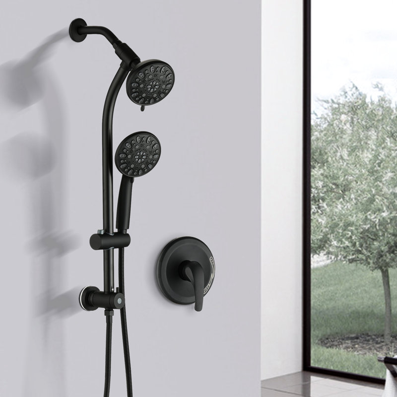 Ensemble de pomme de douche double à 7 réglages avec perceuse - tige en acier inoxydable et motif 7 jets au fini noir mat