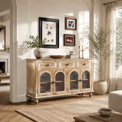 Buffet de style campagnard 59,06 po, crédence en bois vieilli avec 3 tiroirs et 4 portes en verre, armoire de rangement rustique avec tablettes pour la cuisine, la salle à manger et le salon