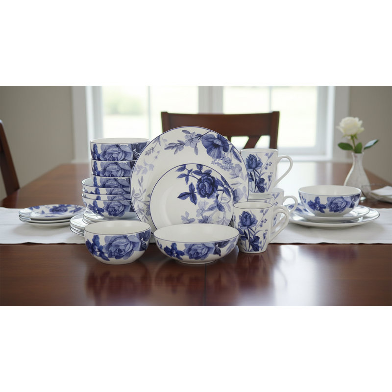  Service de table 20 pièces Bone China, service pour 4, floral bleu, va au micro-ondes et au lave-vaisselle