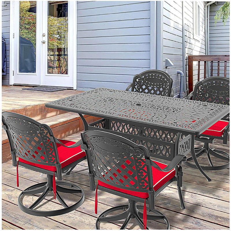 Ensemble de salle à manger 5 pièces en aluminium coulé résistant aux intempéries, comprenant 4 chaises pivotantes et une table rectangulaire avec cadre noir (même SKU: W1710S00452)