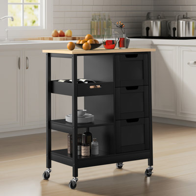 Ariayah Solid Wood Top Kitchen Island Cart with Wheels  & Drawers