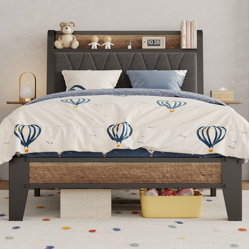Upholstered Platform Bed With Charging Station Ergonomic Headboard And Side Storage Shelf, Twin, Black