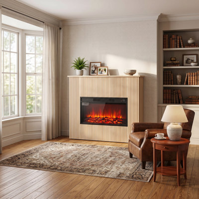 Armoire de foyer électrique moderne en bois avec conception à lattes et télécommande