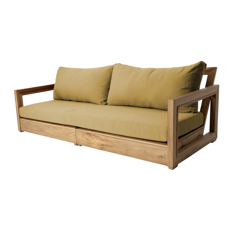 Crelake 107'' Wide Rectangular Teak Patio Sofa with Sunbrella® Cushions, Brass