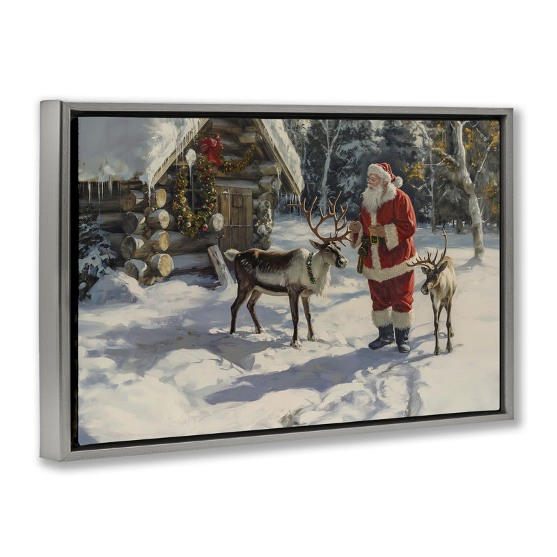 Toile de père Noël et renne par Imagine It Images, Cadre flottant gris lustré, H 21 po x l 31 po