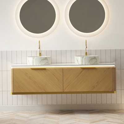 Meuble-lavabo de 60 po avec lavabo en contreplaqué flottant avec tiroir, capteur de lumière, 2 vasques en céramique à motif de pierre blanche et plateau en pierre frittée, pré-assemblé, couleur grain de bois de chêne Corolla