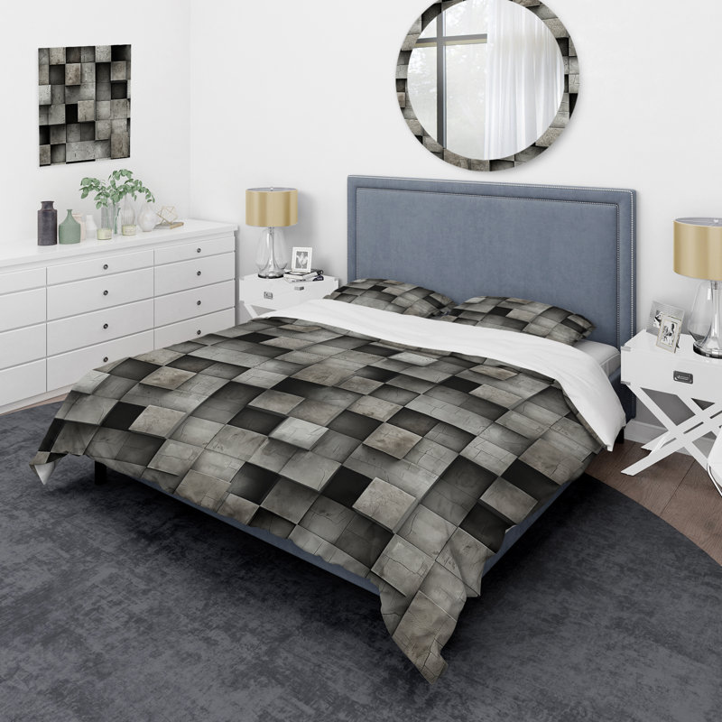 Architectural Concrete Wall Illusion Abstract Duvet Cover, Queen Duvet Cover + 2 Standard Shams