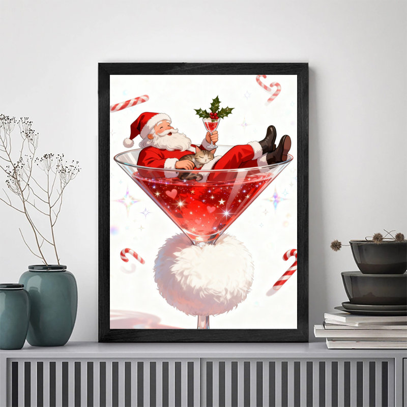 Art mural rétro noir encadré père Noël dans le verre à vin, impressions de style rétro, H 25 po x l 17 po