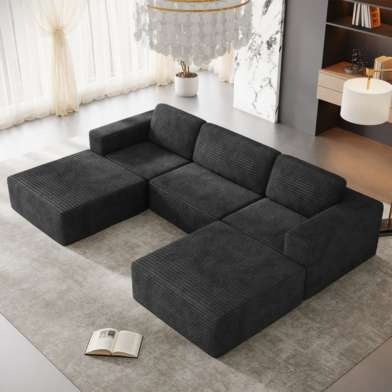 Modular Corduroy 303cm 3-seater Sofa With 2 Ottomans, No Assembly Required, With High Rebound Sponge, Black