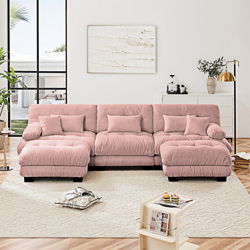 Modular Sectional Sofa Couch With Convertible Ottomans, Pink