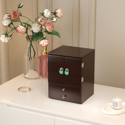 7-Layer Modern Bamboo Jewelry Box Desktop Storage Box Accessory Storage Cabinet with Mirror