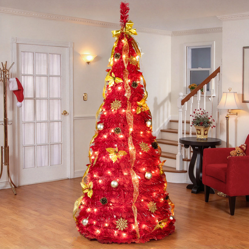 Arbre de Noël artificiel rouge de 1,80 m, pré-illuminé et pliable, avec décorations et ruban., H 6 pi, Rouge